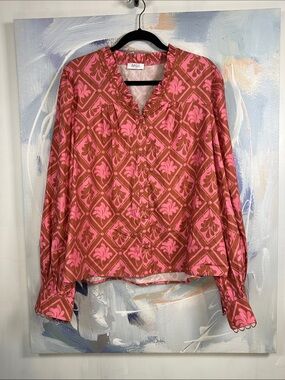 Avara Pink Brown Arabella Floral Blouse XLarge Boho Embroidered Ruffle Neck